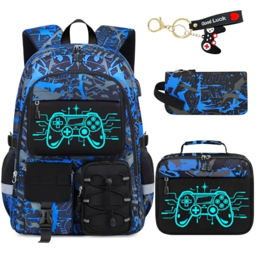 

School Backpack for Boys - 4pcs Gamer Boys Backpack with Lunch Box Set for Teens Elementary Middle High School, 18″ Large Capac