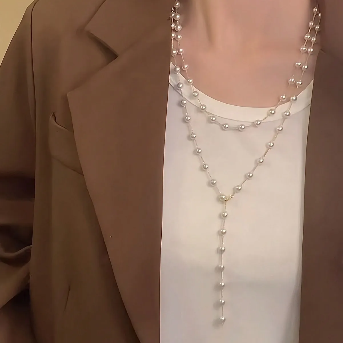 Layered Round Bead Body Chain Delicate Y Shape Lariat Strand Graceful Long Draping Collar Charm Dress Decor Costume Jewelry