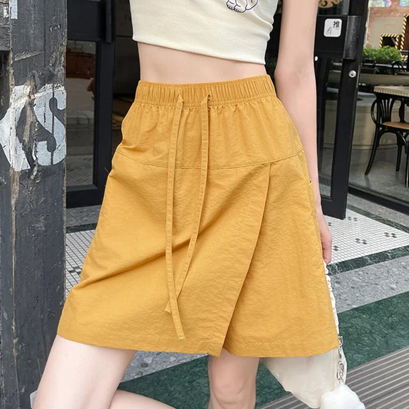 2026Summer Patchwork Women Skirt Shorts Casual Elastic Waist Wide Leg Shorts Solid Color Quick Drying Pockets Short Pants