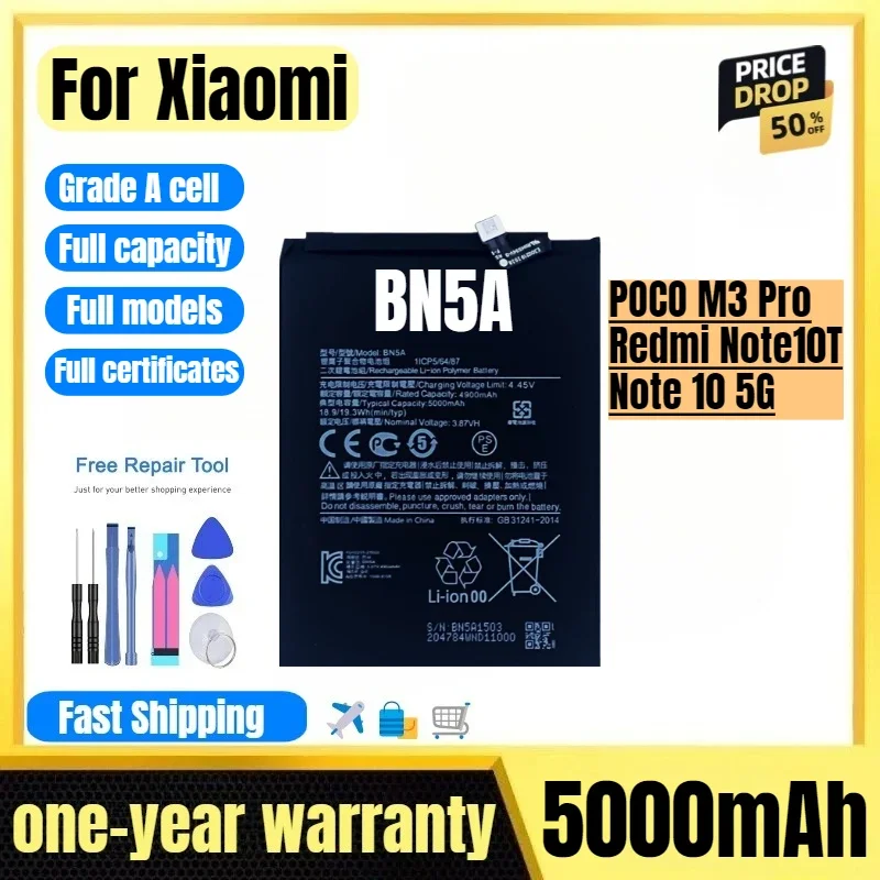 BN5A for Xiaomi POCO M3 Pro/Redmi Note10T/Note 10 5G Phone Battery High Quality High Capacity Replacement Bateria  with Tools