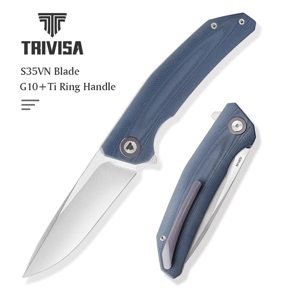 

Trivisa Folding Pocket Knife for Men，EDC Knife with Ti Clip for Camping，Wire Drawing & Wash CPM S35VN Blade，G10 Handle，Ti Ring