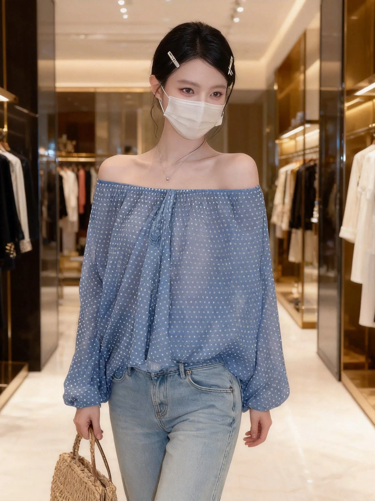 

Translucent Polka Dot Tie Drape Thin Chiffon Long Sleeve One Shoulder Top Loose Fit Summer Casual Style Women's Shirt