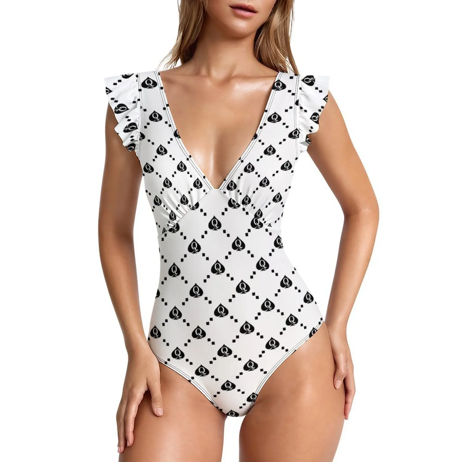 Q self printed women's one-piece swimsuit deep V-line push up swimsuit abdominal control retro slim fit swimsuit ruffles