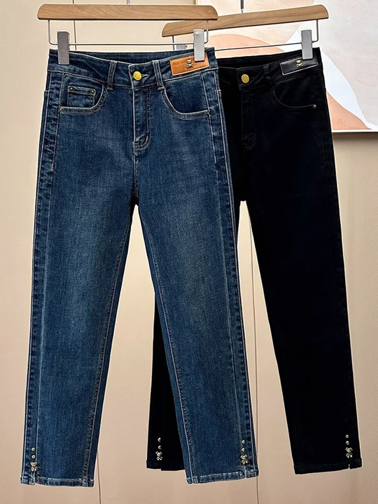 Verão feminino perna reta jeans cintura alta nove pontos calças de algodão poliéster viscose mistura retro na moda novo 2024