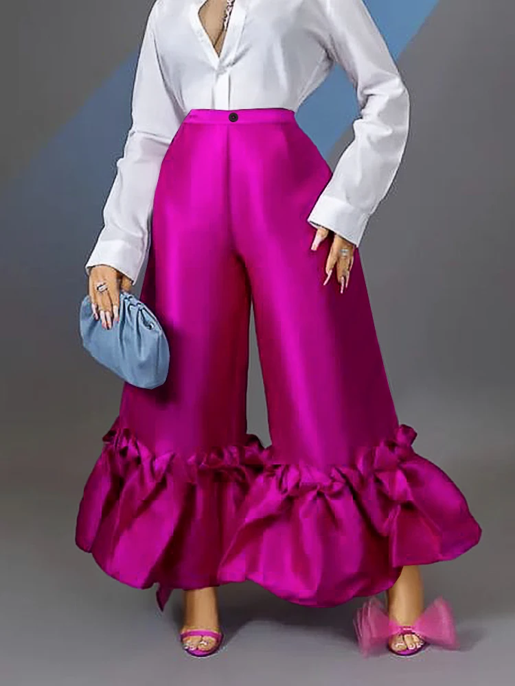 

Women High Waist Flare Pants Wide Leg Big Size Shiny Fuchsia Bell Bottoms Trousers Dressy Femme Trendy Party Club Outfits 4XL