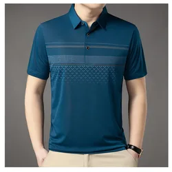 Summer Men's New Polo Neck Ice Silk Loose Breathable Short Sleeve Thin Polo Pullover Tees Striped Letter Fashion Casual Tops
