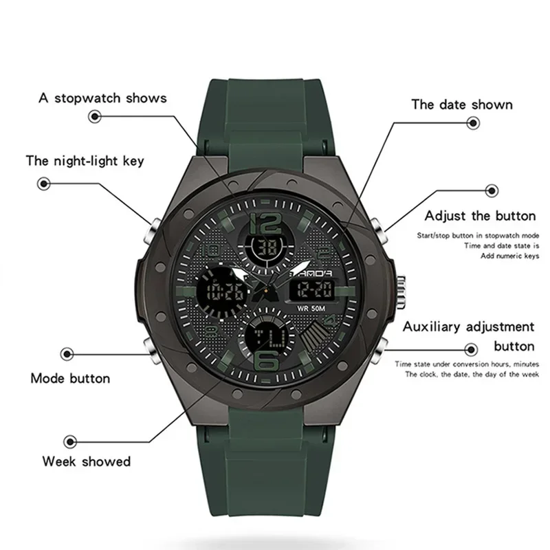 SANDA 6062 ساعة نسائية فتاة عسكرية مقاومة للماء كوارتز ساعات المعصم الفاخرة Ms LED ساعة رياضية رقمية موضة عادية الذهب المعصم