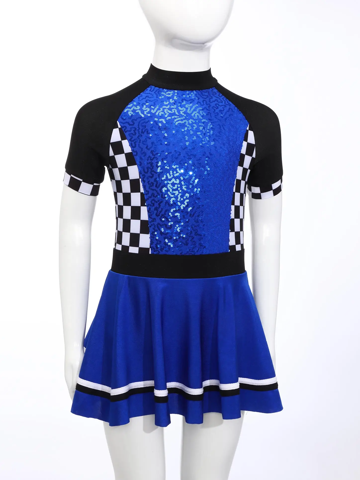 Fantasia de motorista de corrida para meninas, manga curta, zíper invisível, xadrez, lantejoulas brilhantes, vestido para festa temática de halloween