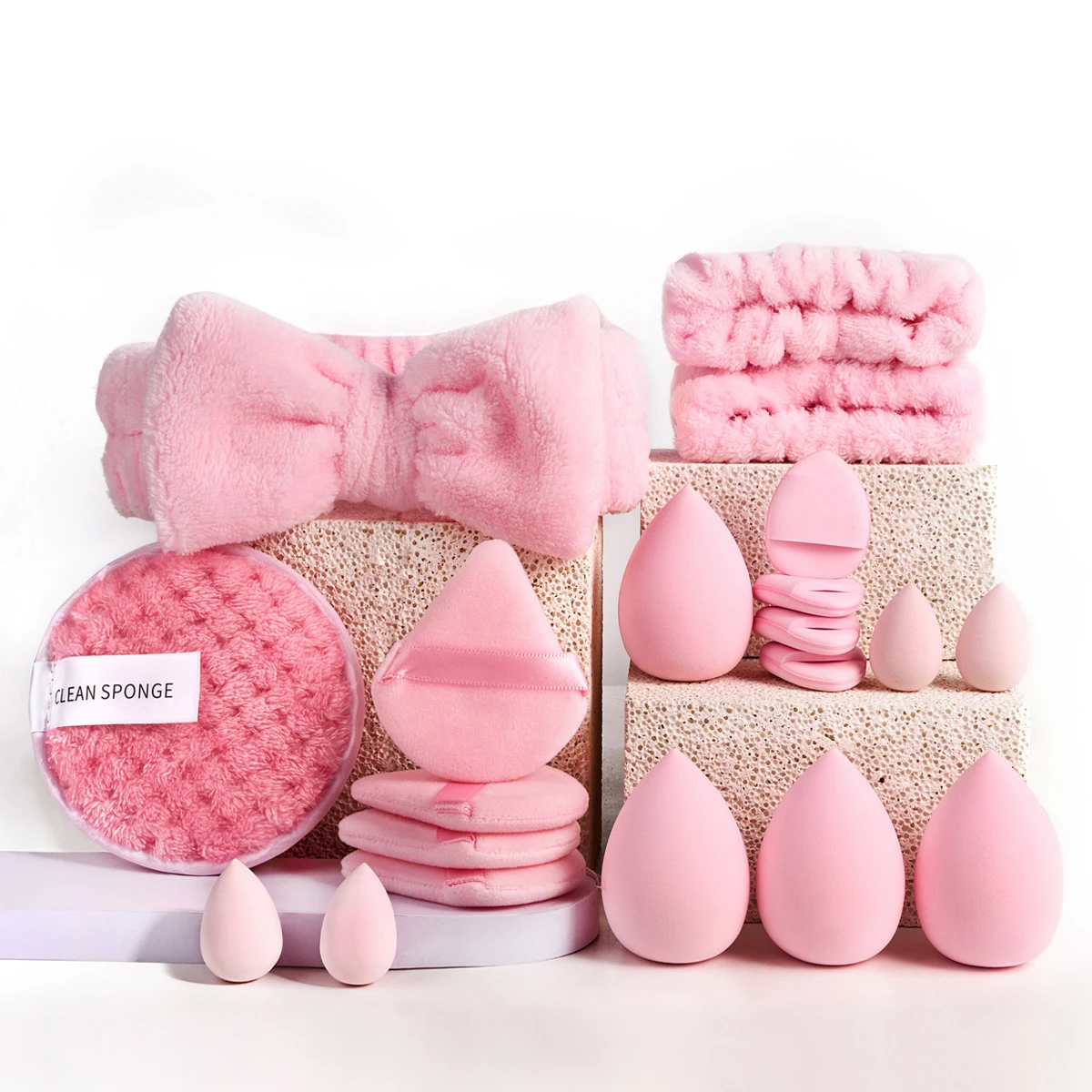 12/20pcs Pink Makeup Tools Kit Makeup Sponge Finger Puff Air Cushion Headband Wristband Makeup Remover Puff Holiday Gift