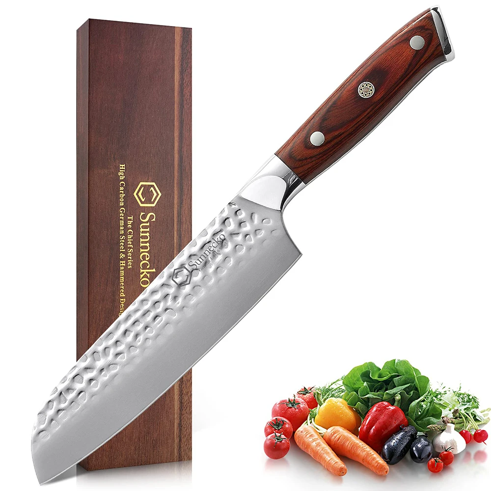 Sunnecko Santoku Knife 7 Inch Japanese Kitchen Knife High Carbon Stainless Steel Vegetable Meat Fruit Slicing Tools Wooden Hand