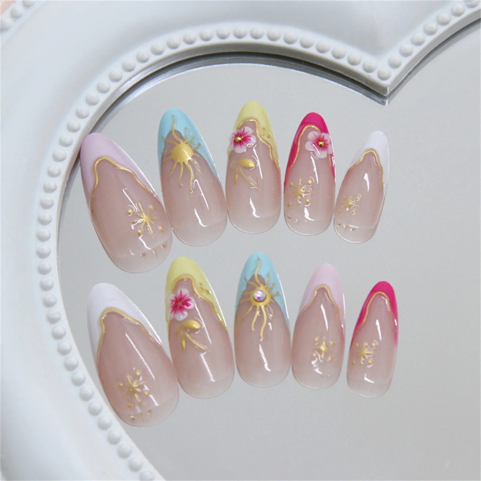 Wedding Press On Nails French Gradient False Nails 3D Gilded Ice Flower Starburst Design for Bridal Party Manicure Wear