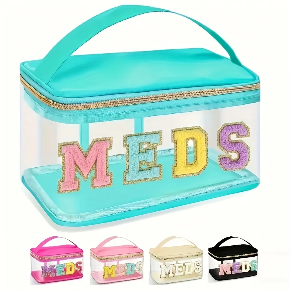 حقيبة أدوات الزينة ذات رقعة حروف من الشنيل، حقيبة مكياج MEDS، حقيبة تخزين طبية شفافة للسفر مع مقبض منظم مستحضرات التجميل