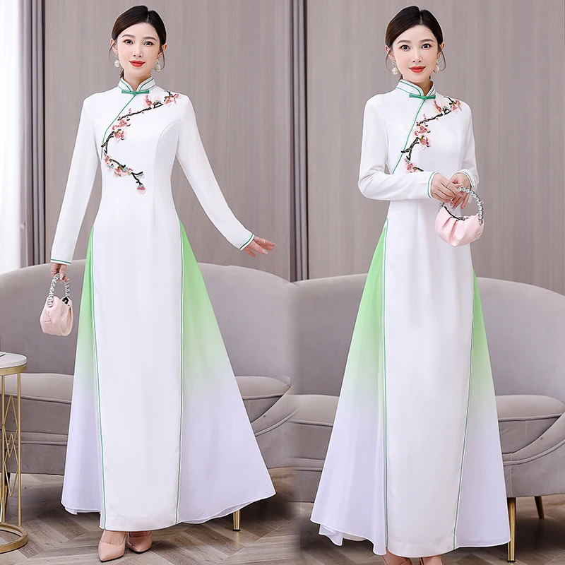 2025 Traditional Chinese New Year Clothes for Woman  Cheongsam Dress Embroidery Vintage Female QipaoOriental Vietnam Aodai Robe