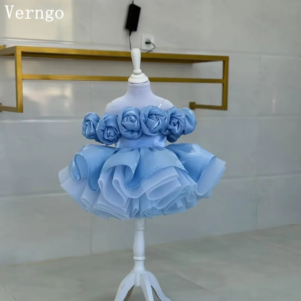 

Verngo Blue Organza Girl Flowers Dress 3D Flowers A Line Pleated Birthday Party Dress Celebrity Kid Gowns Customized