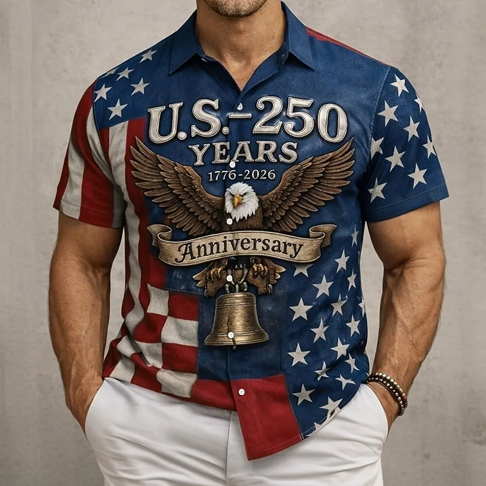 

Мужская рубашка с коротким рукавом «Орёл Свободы» к 250-летию Америки, патриотическая, для отдыха на природе, летняя, на пуговицах