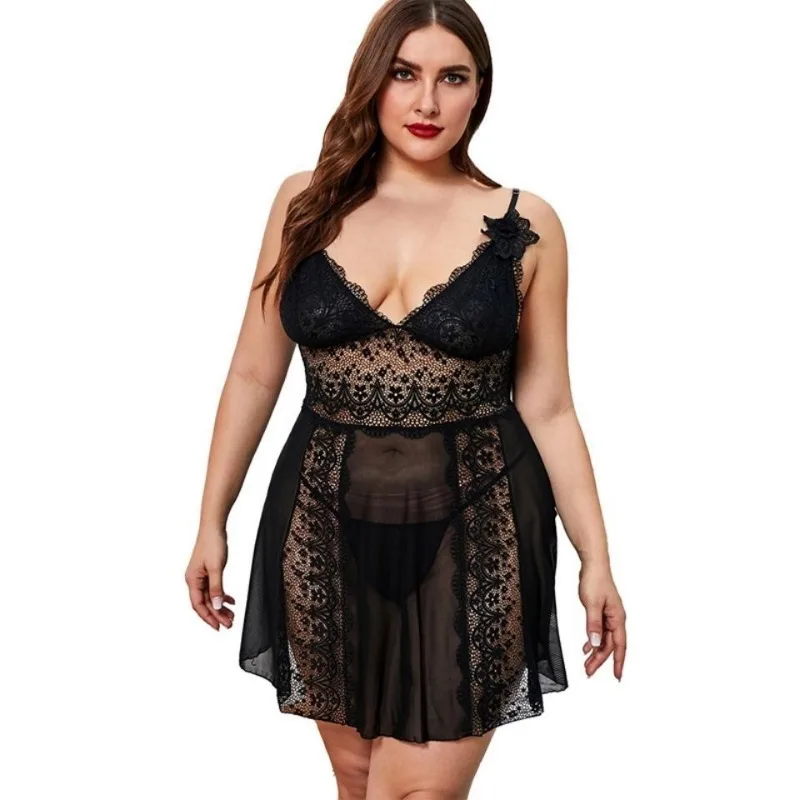 Fashion Sexy Deep V-strap Lace Nightgown Mesh Transparent Short Skirt Womens Fun Lingerie Dress Spaghetti Strap Sleeping Dress