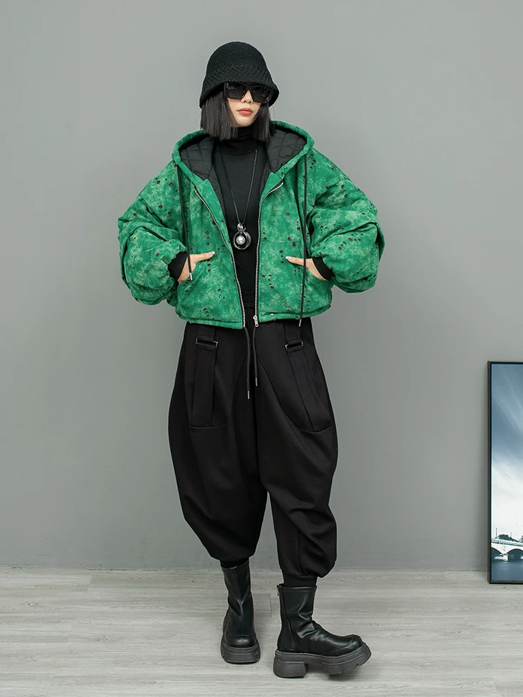 Trendy Cool Vintage Fabric Cotton Hooded Oversized Zipper Short Jacket + Pant Two Piece Set Women Pant Set 2024 Winter LX2547