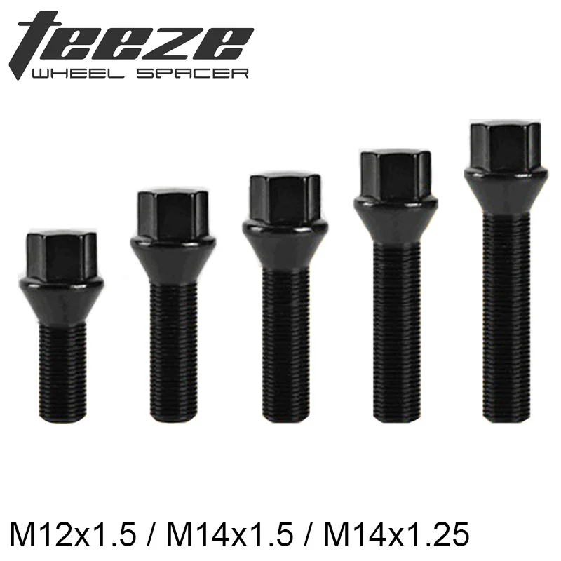 

10pcs M14x1.25/M14x1.5 Black Lug Bolts 17 hex 28mm/40mm/42mm/45mm/47mm Thread Shank Length Wheel Bolts Cone Seat