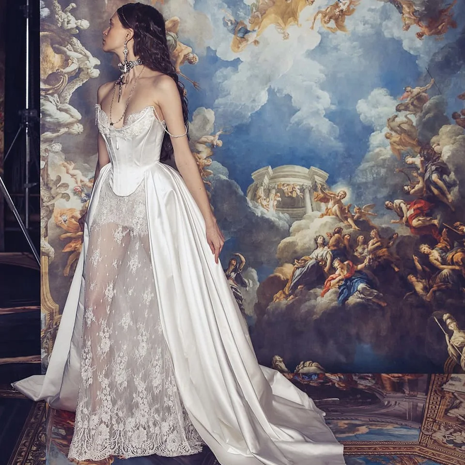 Robe de soirée blanche en dentelle sans bretelles, robes de soirée A-ligne, longueur au sol, train de balayage, tulle, fermeture à glissière de tache, sur mesure, robe formelle, luxe, 2024