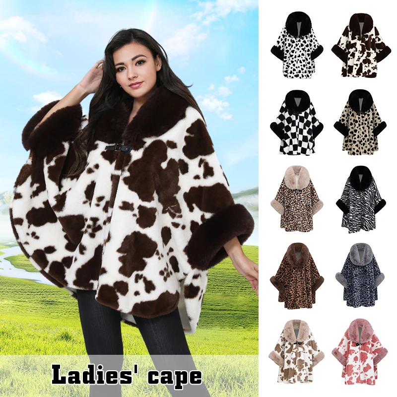 

Women Winter Leopard Sweater Thick Warm Poncho Fur Collar Cape Coat Women Vintage Cardigan Female Batwing Sleeve Shawl