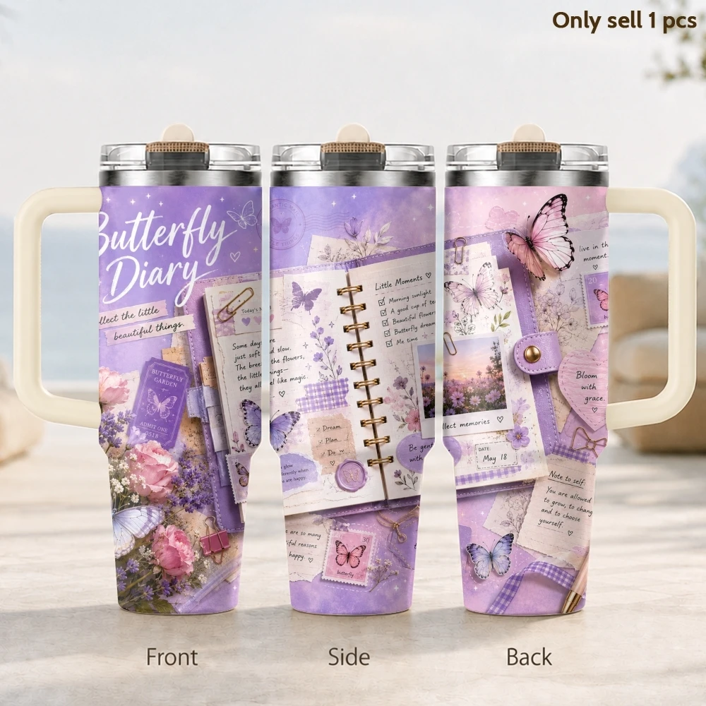 Floral Butterfly Diary Vacuum Flasks 40oz 3rd Gen Vacuum Insulated Stainless Steel Tumbler Cup With Handle Straw Lid For Gifts