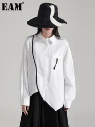 [EAM] Women White Irregular Hem Big Size Casual Blouse New Lapel Long Sleeve Shirt Fashion Tide Spring Autumn 2024 1DH5340