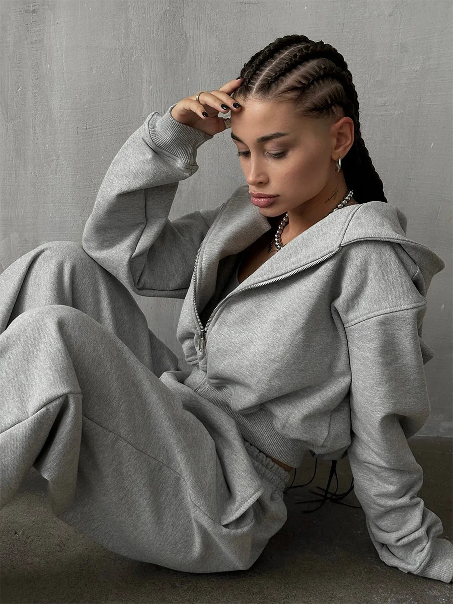 

Bornladies New Women's Cropped Hoodie Sweatpants Set Loose Drawstring Waist Zipper Cardigan Autumn Casual Trendy Hoodie Outfit