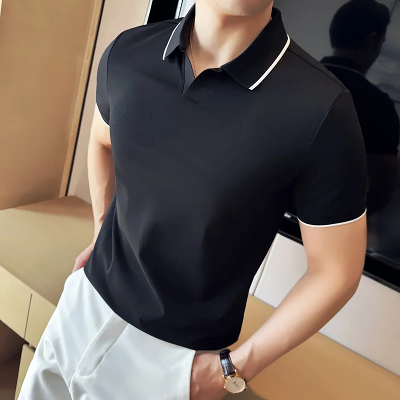 Business Casual Solid Color Men\'s Polo Shirt, 2024 Summer Classic, Men Short Sleeve V-neck T-shirt, Slim Fit Spliced Polo 4XL-M