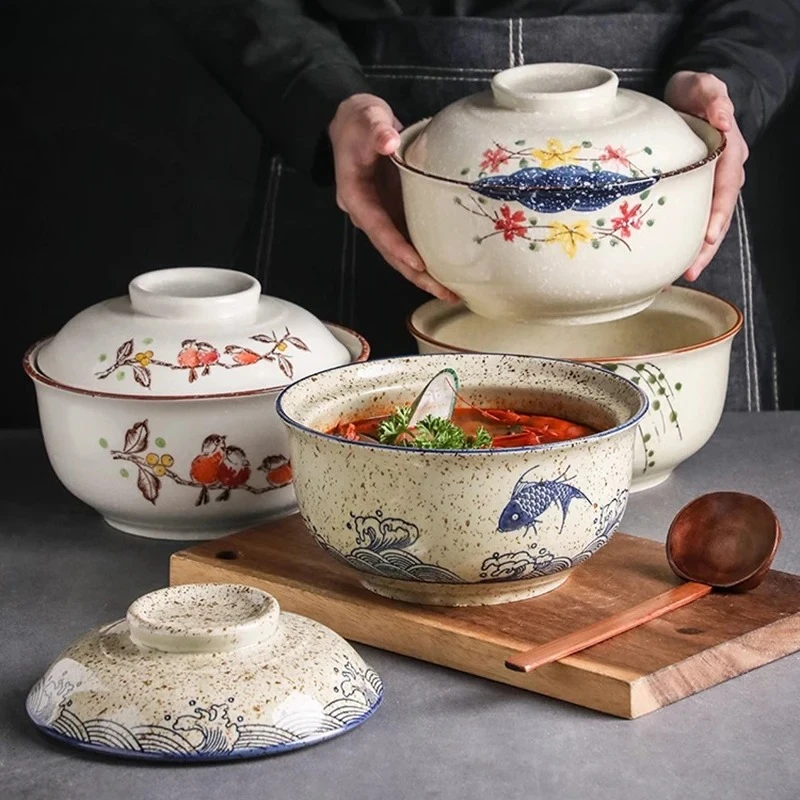 

Японская керамическая миска с крышкой, миска для супа, миска для рамэна, десертные миски для закусок, большая емкость, сервисные миски, посуда для ресторана