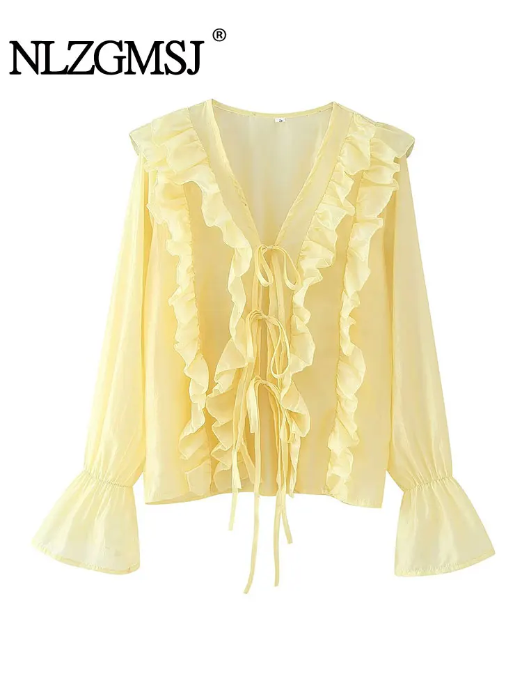 

NLZGMSJ Casual Chic Women Blouse Solid V-Neck Tierred Loose Shirts New Fashion 2025 Spring Summer Holiday Blouses