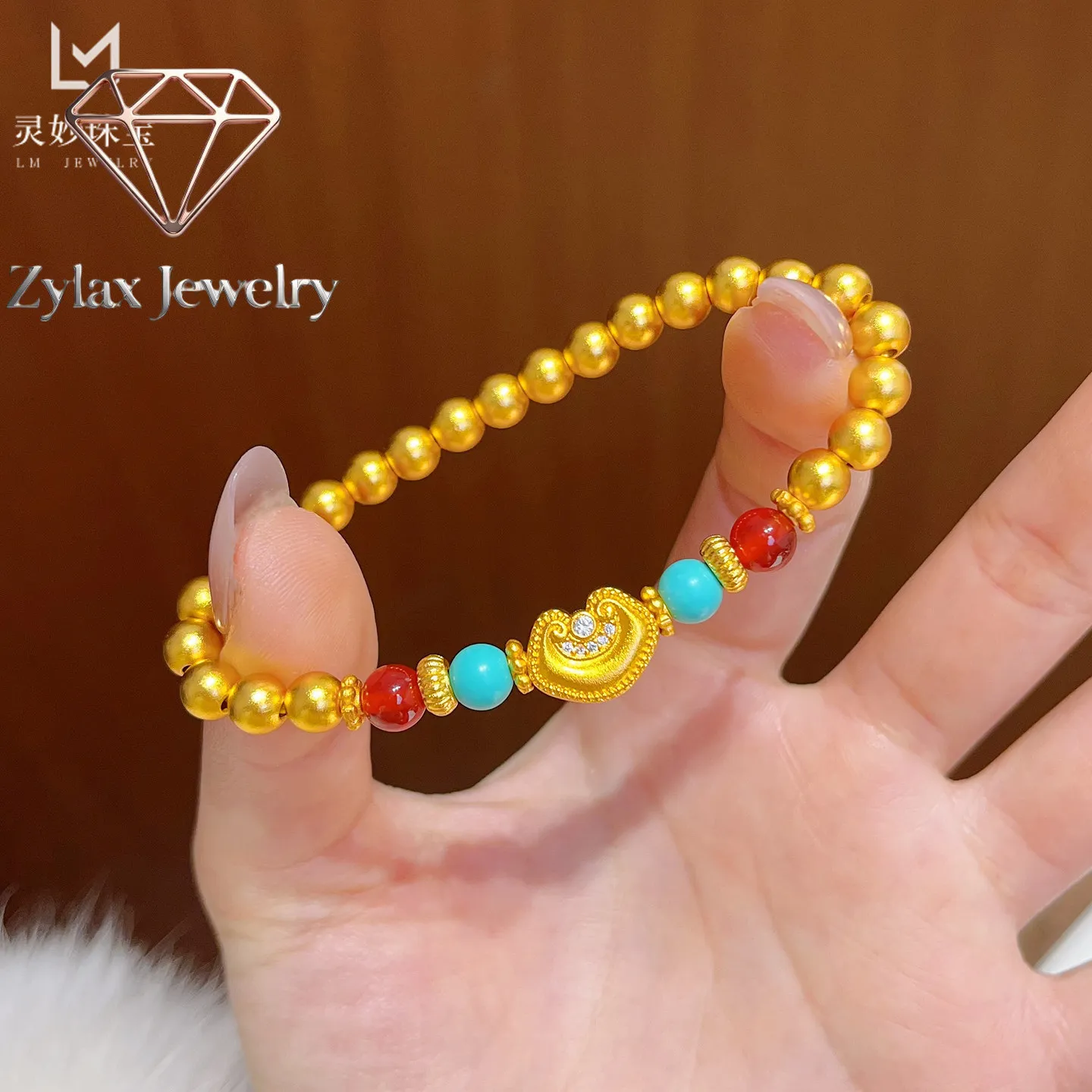Zylax Jewelry Diamond-Studded Ruyi Fortune Bead Bracelet Women's 24K Gold AU999 - Auspicious diamond ruyi, pure 24K gold, for da