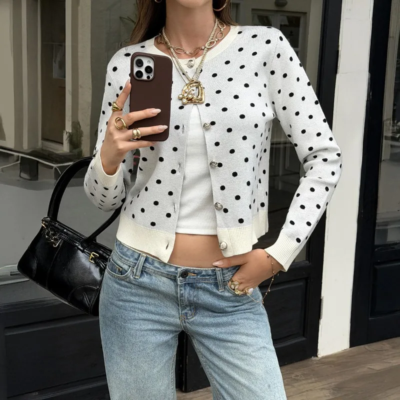 Small Polka Dot Knit Cardigan Women French Vintage Crew Neck Single Breasted Lady Sweater 2026 Autumn Winter
