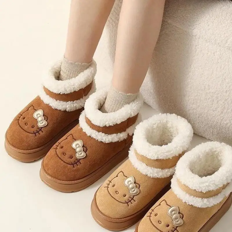 Bonito sanrio olá kitty botas de neve anime dos desenhos animados menina inverno engrossar sapatos de algodão quente ao ar livre fundo grosso anti deslizamento sapatos presente