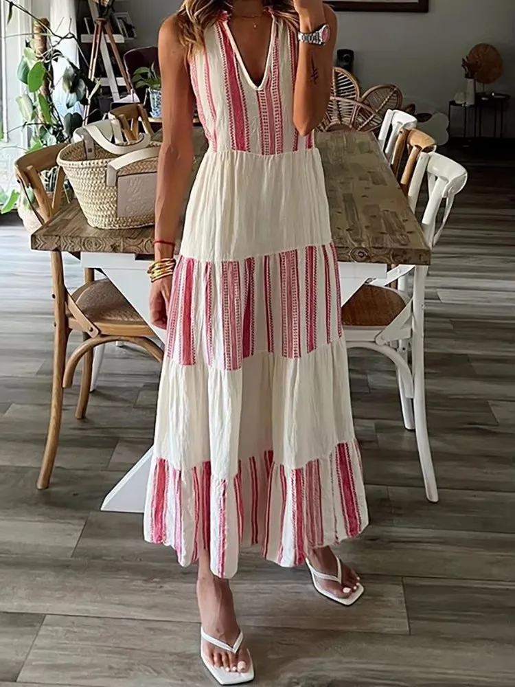 

Autumn Women's Sleeveless Casual Style Polyester Material New Fashion Printed V-Neck Mid Length Pullover Dress