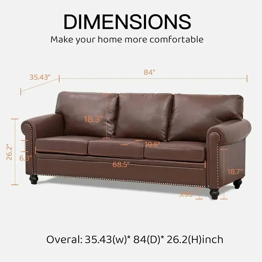 Mid-Century Modern 3-Seater Brown PU Leather Sofa with Rivet Rolled Arm for Living Room, Easy Assembly