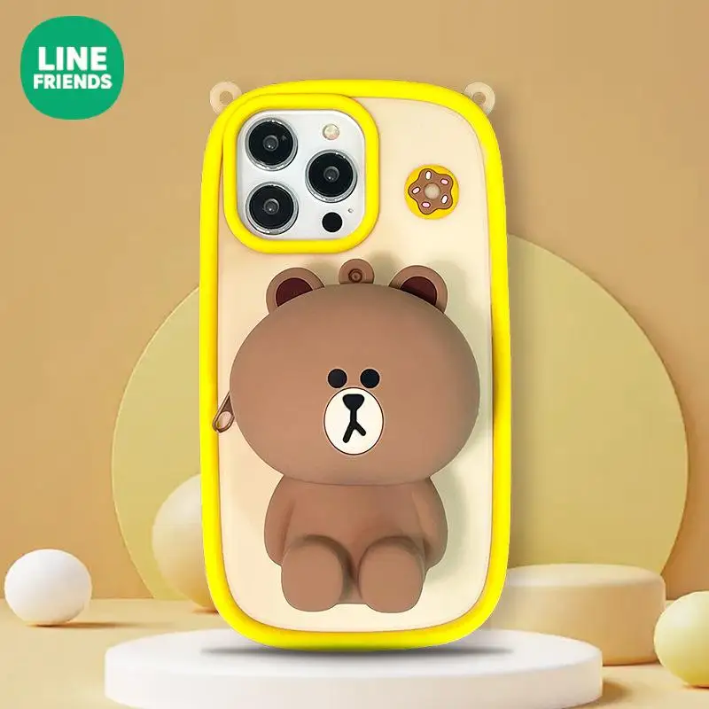 Line Friends Iphone 15Pro Mobile Phone Case Anime Brown Coin Purse Mobile Phone Case Cartoon Cell Phone Protective Case Gift