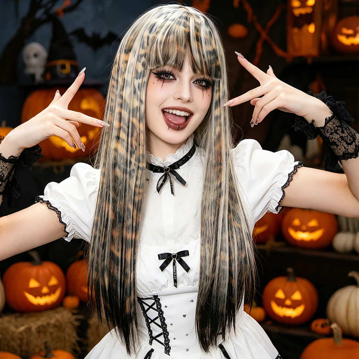 Leopard Ombre White Long Straight Synthetic Wig Bangs Punk Street Women Halloween Club Cosplay Party Costume Hairpiece