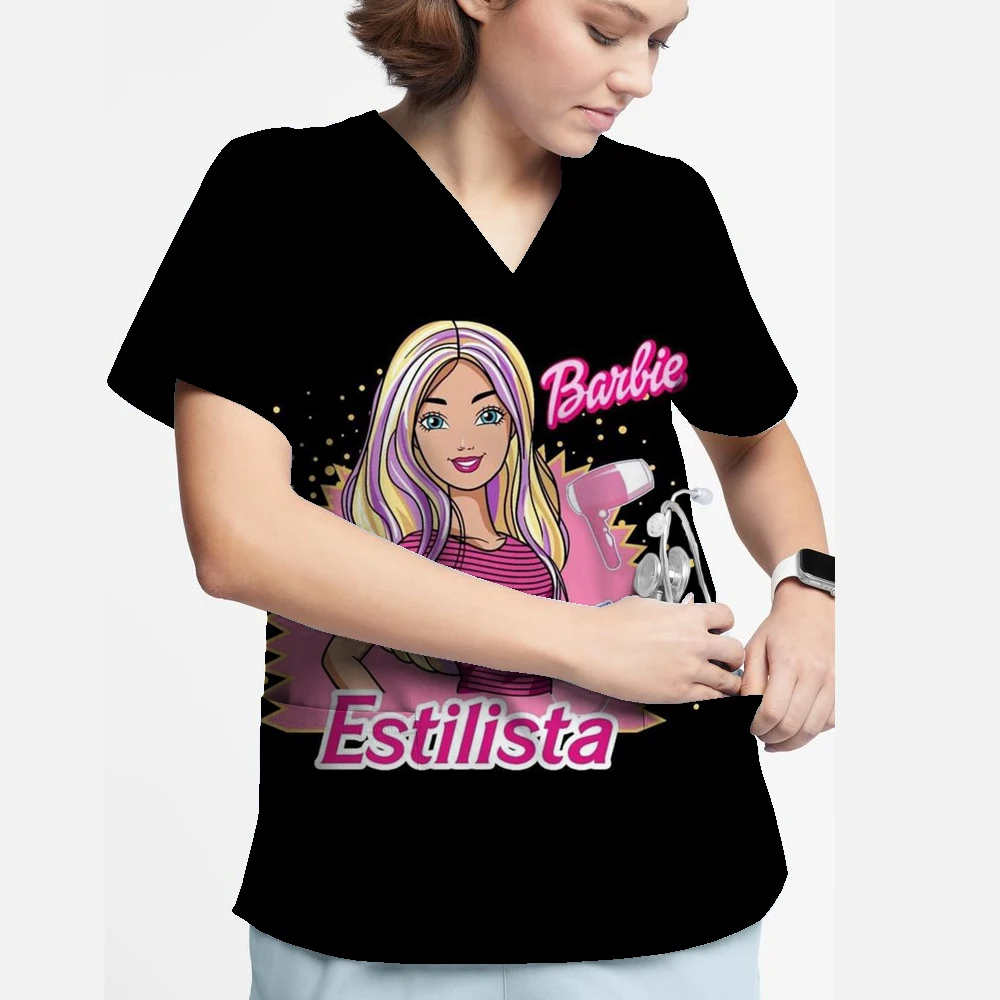 

Personalized Barbie print Medical Scrub Women Dental Uniform Surgical Gown Nursing Cleaning Scrub Tops Short Sleeved Shirt ﻿