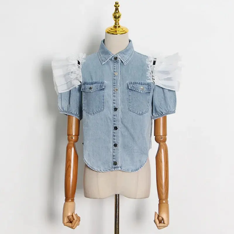 BPN Patchwork Mesh Denim Shirt For Women Lapel Short Sleeve Spliced Single Breasted Slimming Blouses Female Fashion Style New