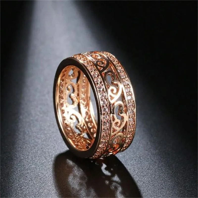 New Natural Zircon Ring for Women Double-row Micro-wax Inlay  Hollow Rose Gold Casual and Trendy Daily Wedding Party Wear