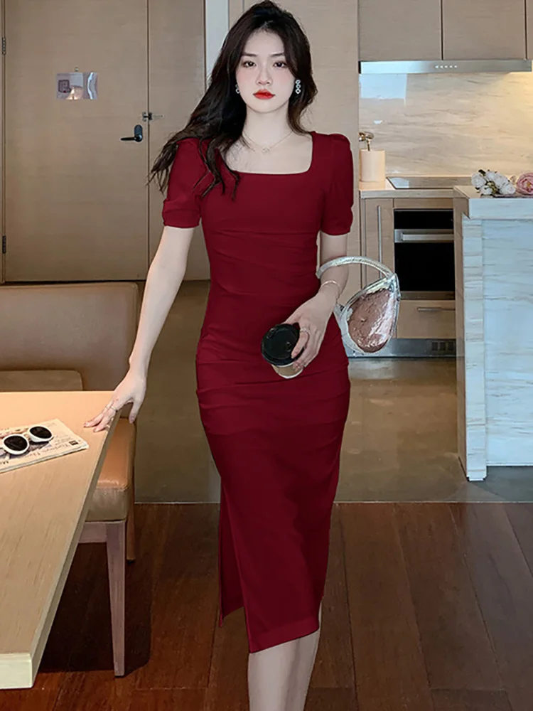 

Women Red Square Collar Elegant Party Dress Summer Short Sleeve Chic Bodycon Prom Dress 2025 Korean Vintage Hepburn Black Dress