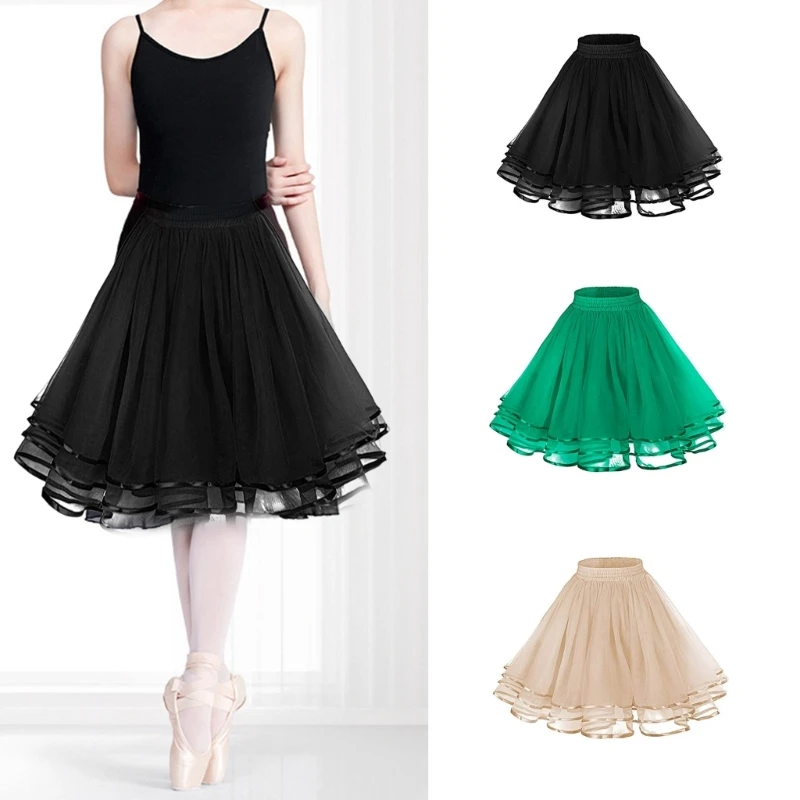 

Women Elegant 3 Layer Satins Tulle Pleated Ruffle Skirt A Line Swing Skirt 1950s Party Petticoat Underskirt