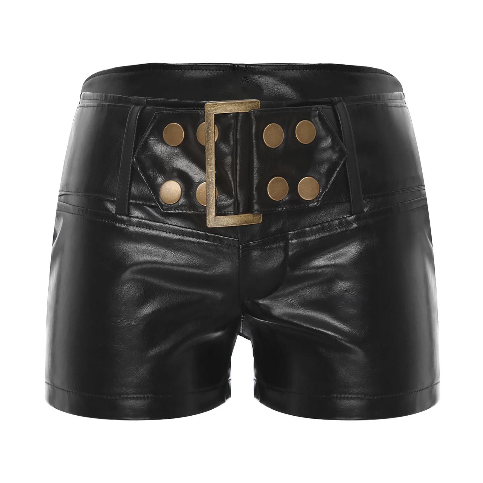 Women Low Rise Patent Leather Shorts with Double-breasted Belt Carnival Rave Party Hot Pants Dance Booty Shorts Night Club Wear