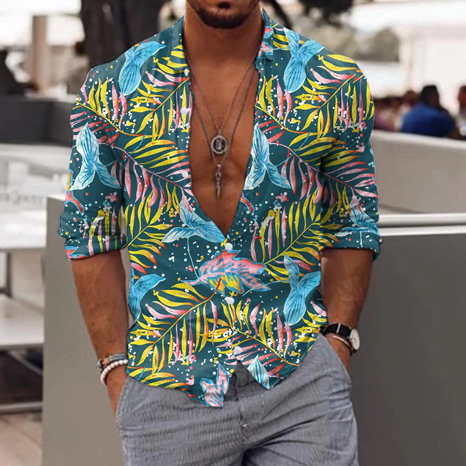 New Trend Men's Shirts Men's Casual Floral Printed Shirts Lapel Button Long Sleeve Shirts Men's Light Luxury Tops