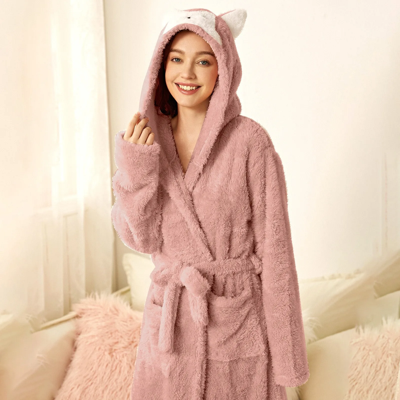 Women's Bathrobe Double Pocket 3d Ear Hooded Flannel Bathrobes Double-Faced Velvet Pajamas Soft Womens Sleep Cool Womens Pajamas