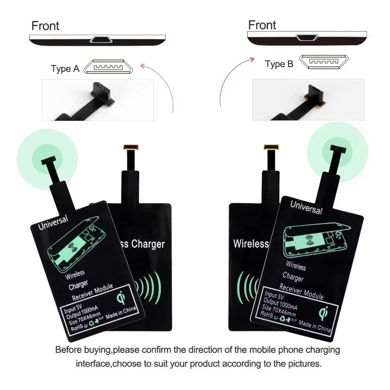 Support for Android Phone Wireless Charge, Wireless Charging Receiver, Wireless Charging Adapter, Type C MicroUSB Lightning