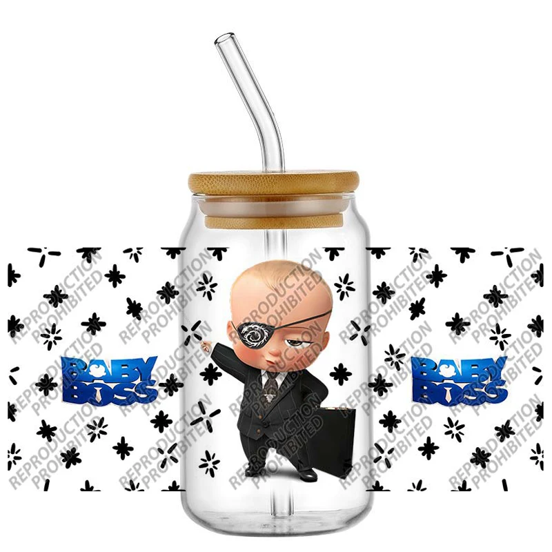 Cartoon Mini Boss UV DTF For 16oz Cup Wrap Libbey Glass Plastic Can Wraps Selfadhesive Sticker Washable DIY decoration Wraps