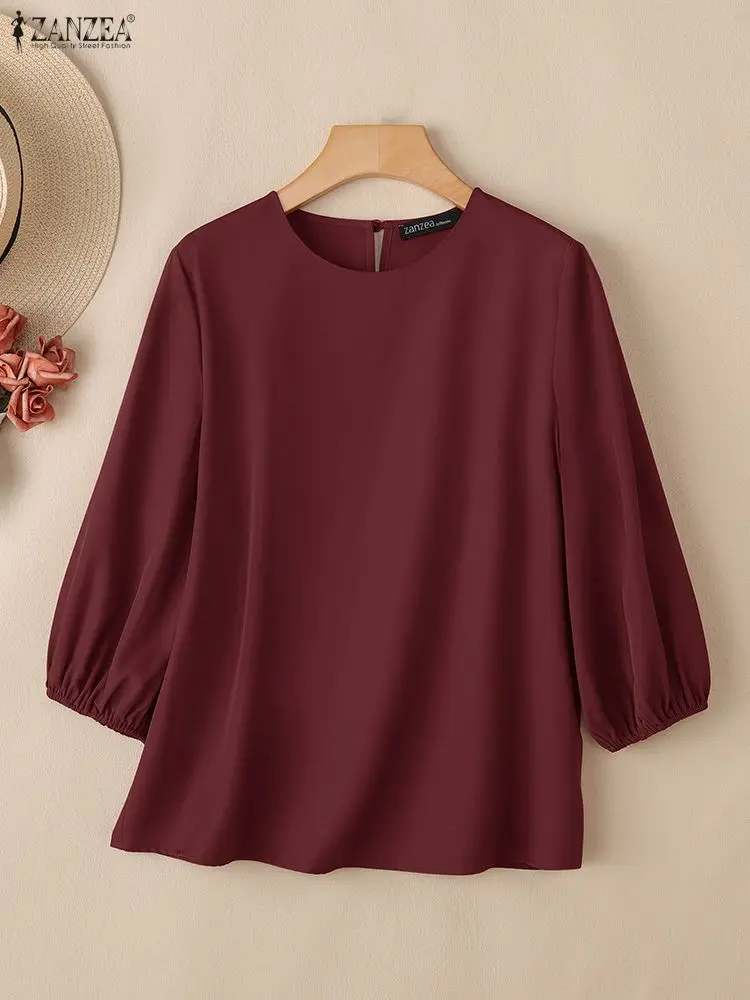 ZANZEA レディース エレガント 七分袖 ランタンスリーブ オフィスブラウス 2026 春夏ブラウス おしゃれ 無地 OL ワークシャツ カジュアル Oネック トップス