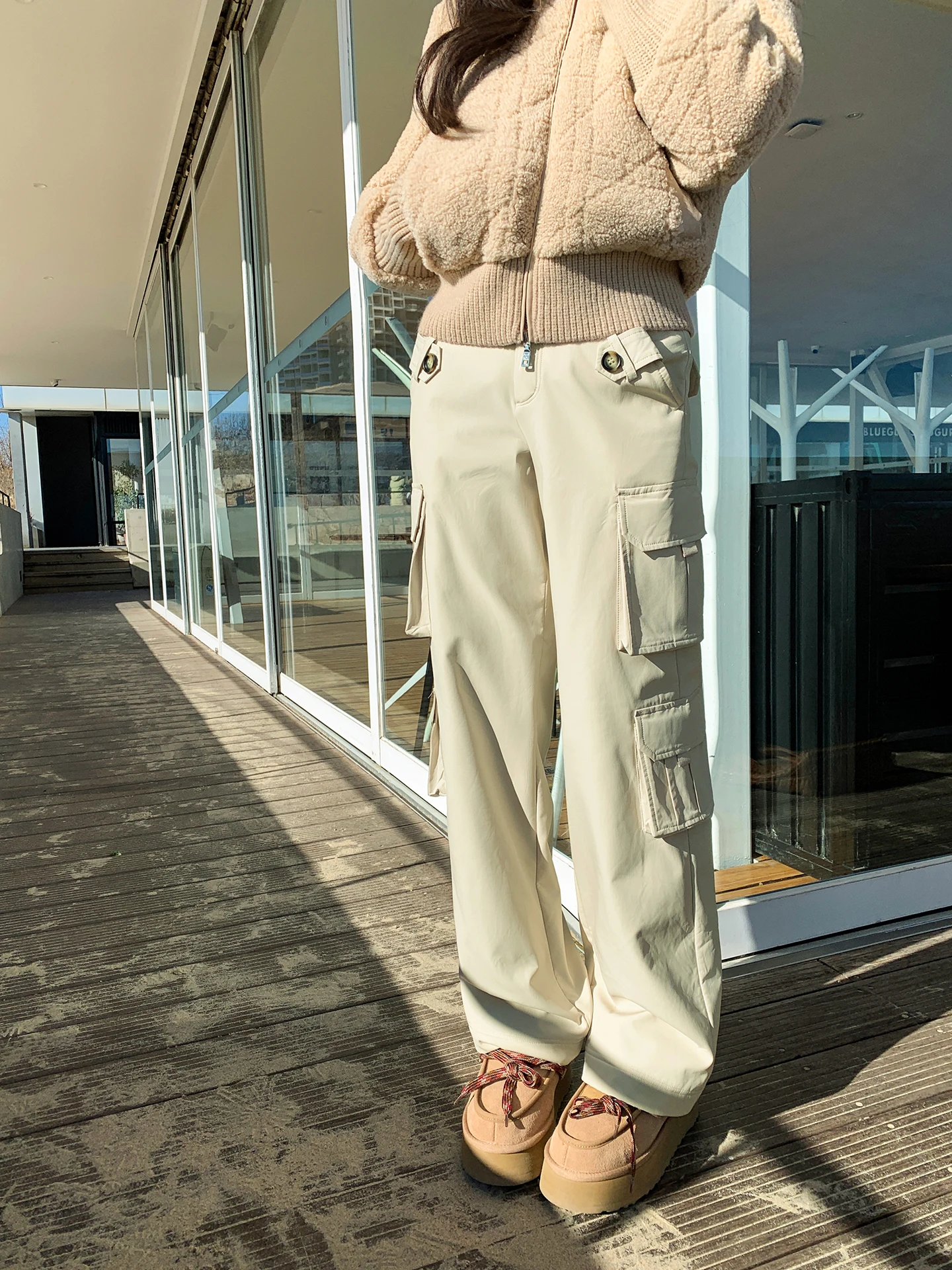 

Thiened Retro American Work Pants Women's Winter Loose Wide Leg Casual Trousers Multiple kets Straight Cut Small Size