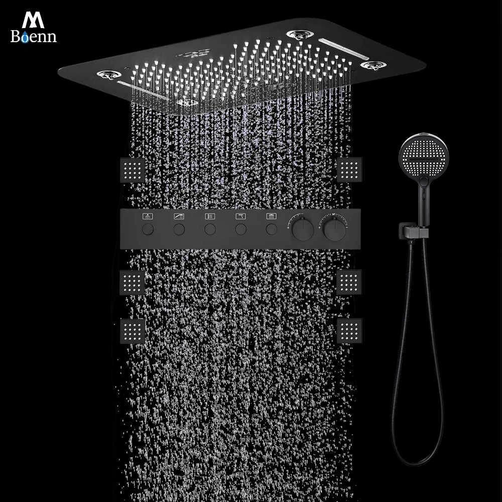 

M Boenn Luxurious 5 Functions Shower Set Bathroom Faucets Ceiling Black Shower Head Rainfall Push Button Thermostatic Controller
